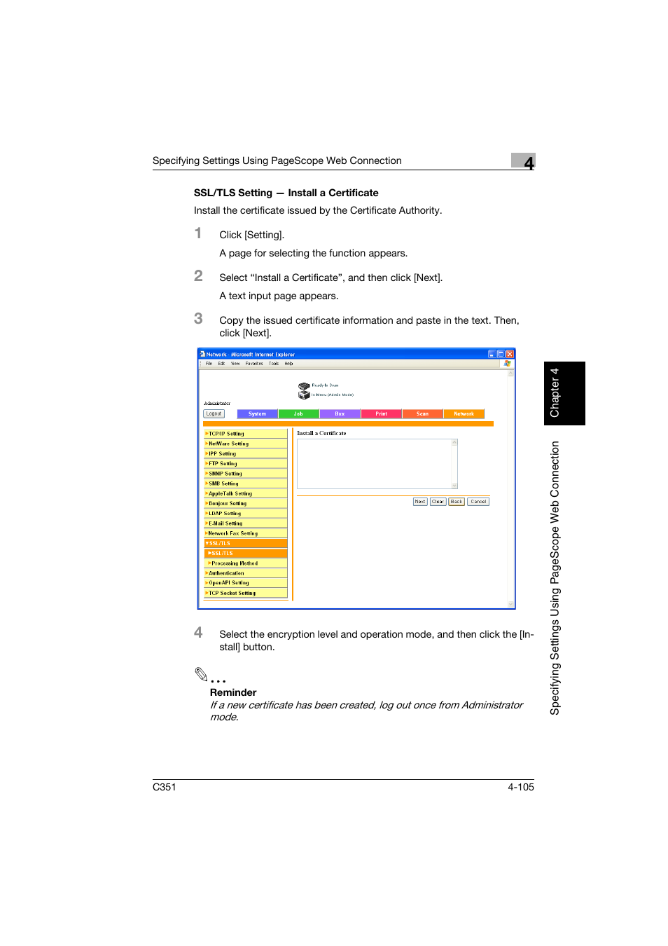 Ssl/tls setting - install a certificate, Ssl/tls setting — install a certificate -105 | Konica Minolta BIZHUB C351 User Manual | Page 364 / 396
