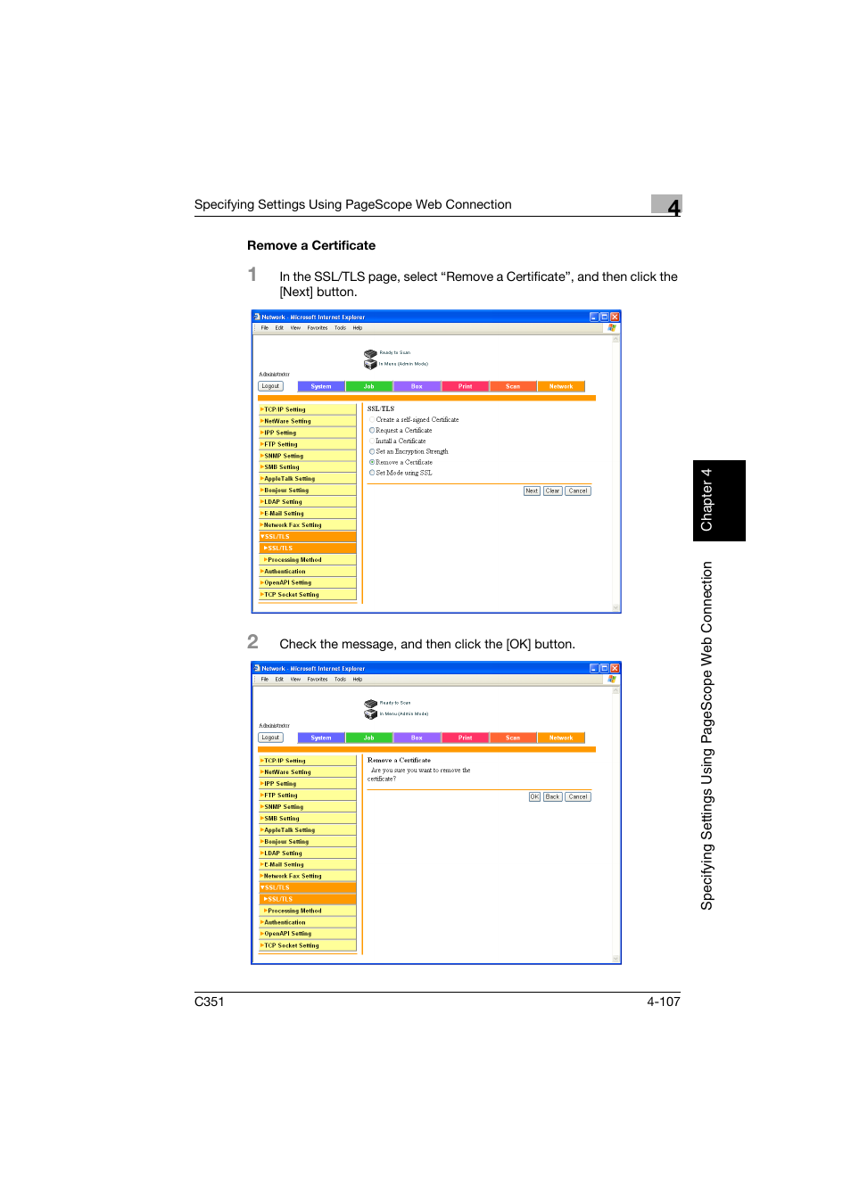 Remove a certificate, Remove a certificate -107 | Konica Minolta BIZHUB C351 User Manual | Page 366 / 396