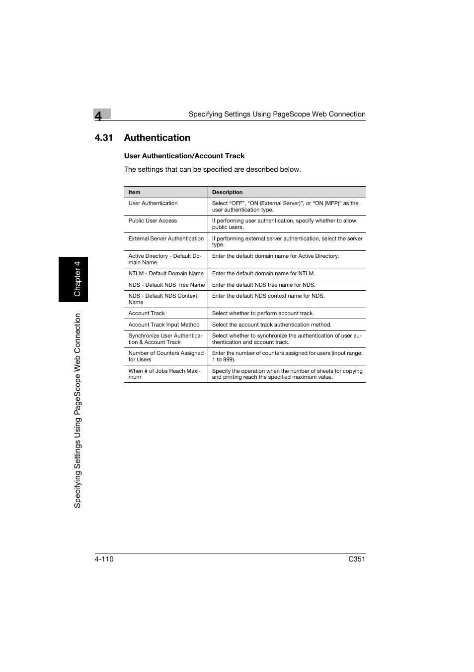 31 authentication, User authentication/account track, Authentication -110 | User authentication/account track -110 | Konica Minolta BIZHUB C351 User Manual | Page 369 / 396