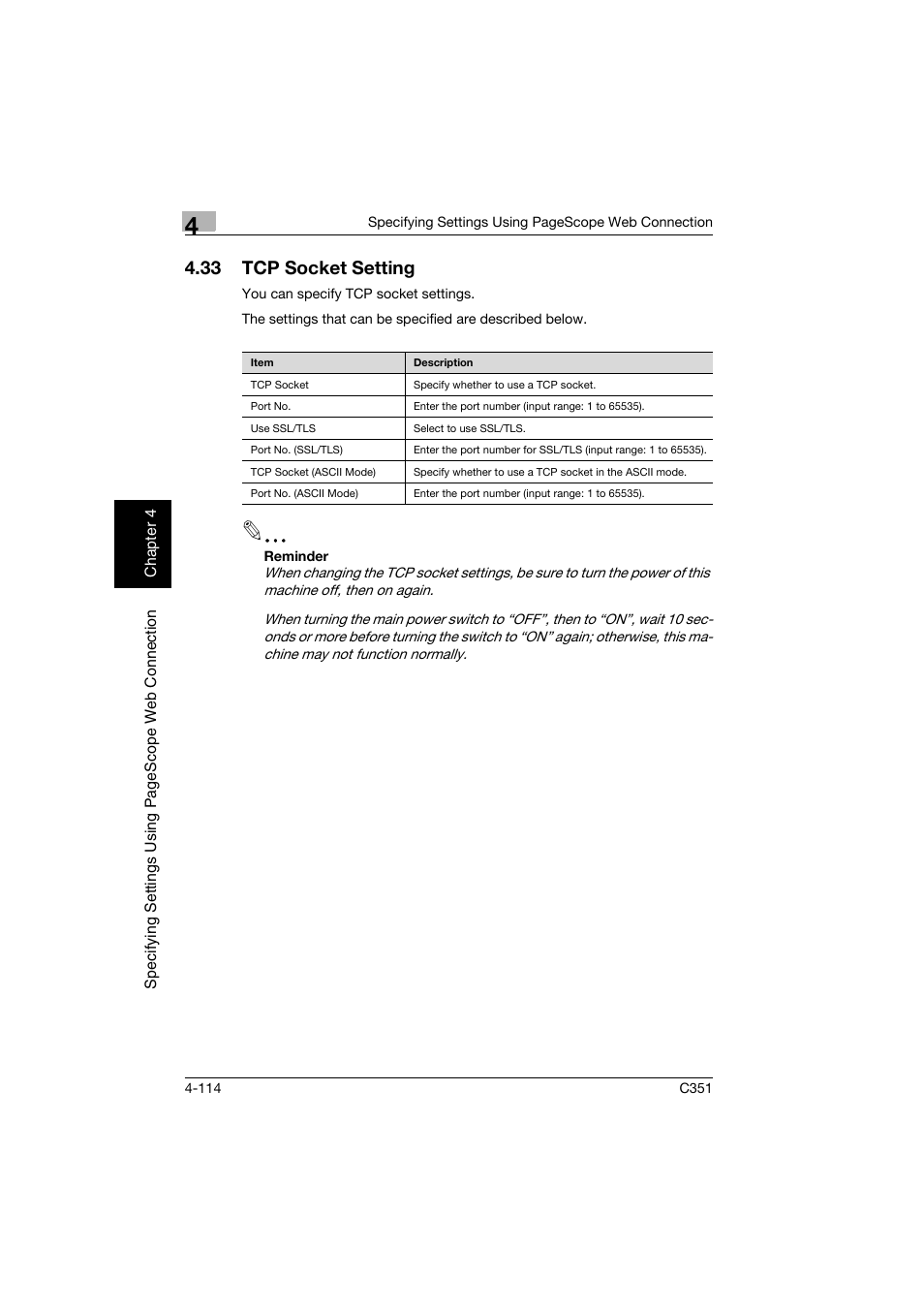 33 tcp socket setting, Tcp socket setting -114 | Konica Minolta BIZHUB C351 User Manual | Page 373 / 396