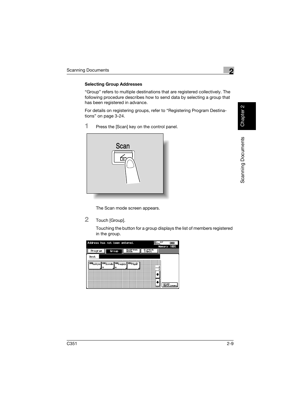 Selecting group addresses, Selecting group addresses -9, Scan | Konica Minolta BIZHUB C351 User Manual | Page 42 / 396