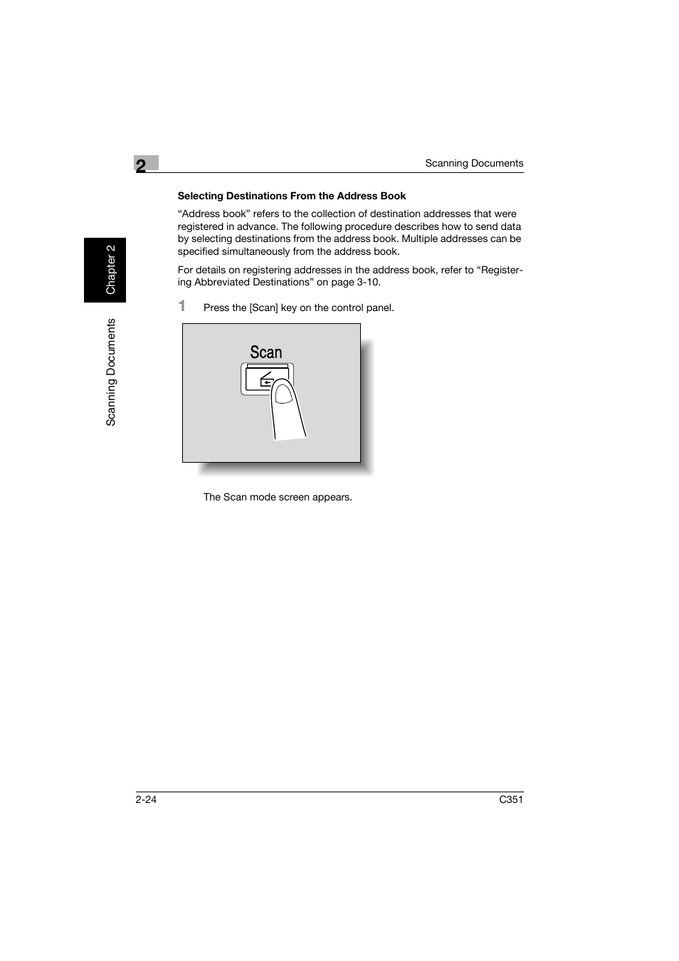 Selecting destinations from the address book, Selecting destinations from the address book -24, Scan | Konica Minolta BIZHUB C351 User Manual | Page 57 / 396