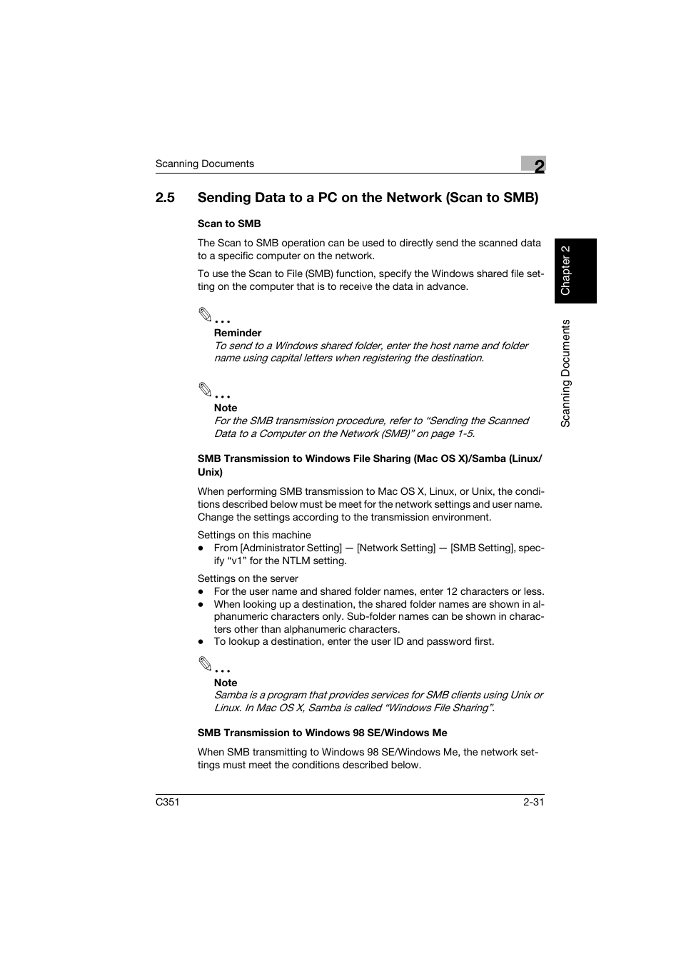 Scan to smb, Smb transmission to windows 98 se/windows me | Konica Minolta BIZHUB C351 User Manual | Page 64 / 396