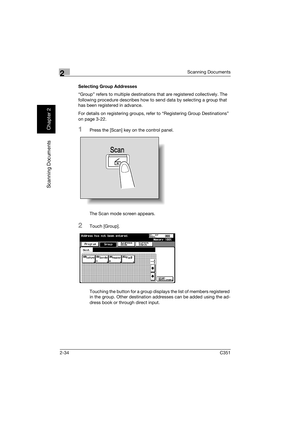 Selecting group addresses, Selecting group addresses -34, Scan | Konica Minolta BIZHUB C351 User Manual | Page 67 / 396