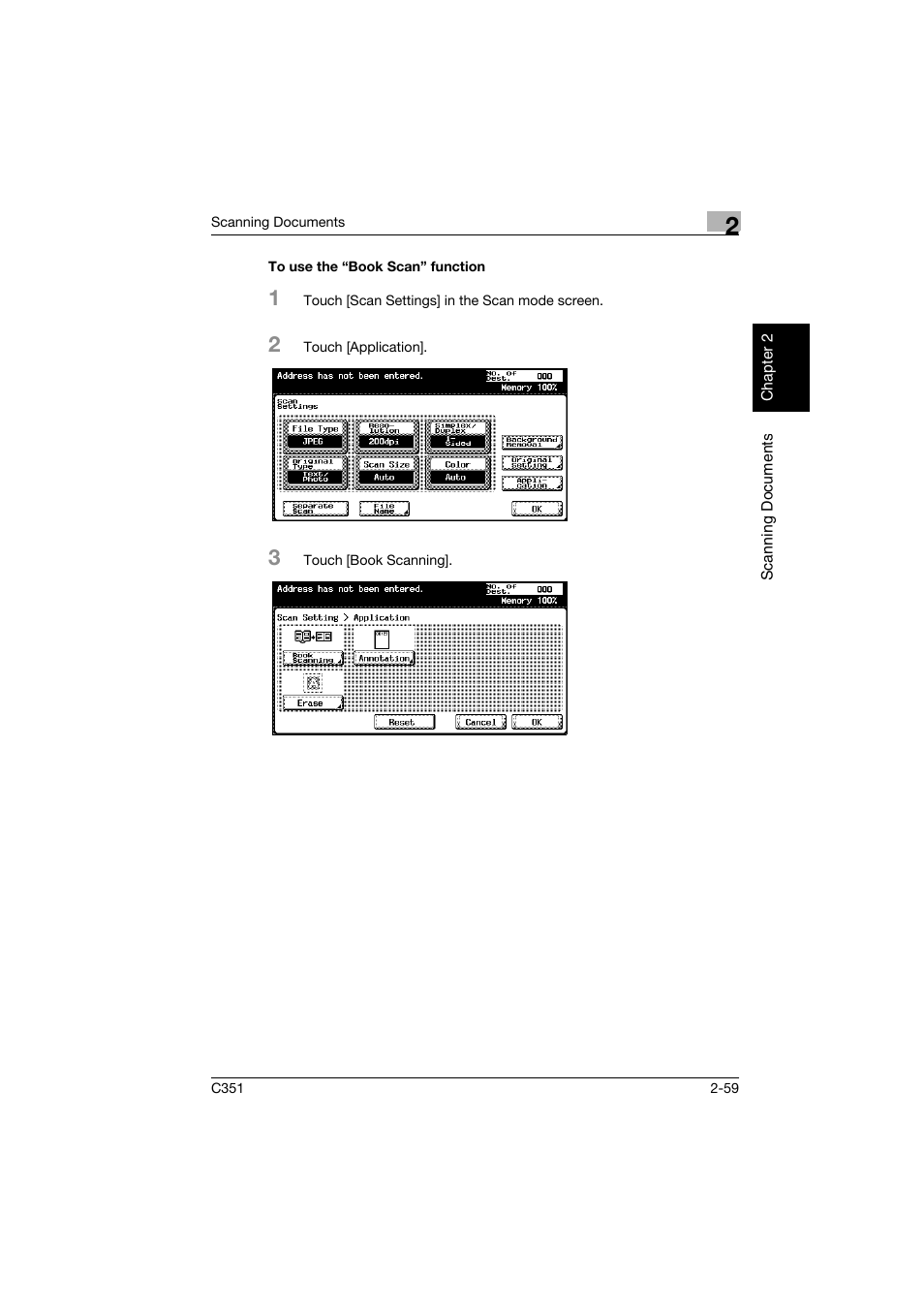 To use the “book scan” function, To use the “book scan” function -59 | Konica Minolta BIZHUB C351 User Manual | Page 92 / 396