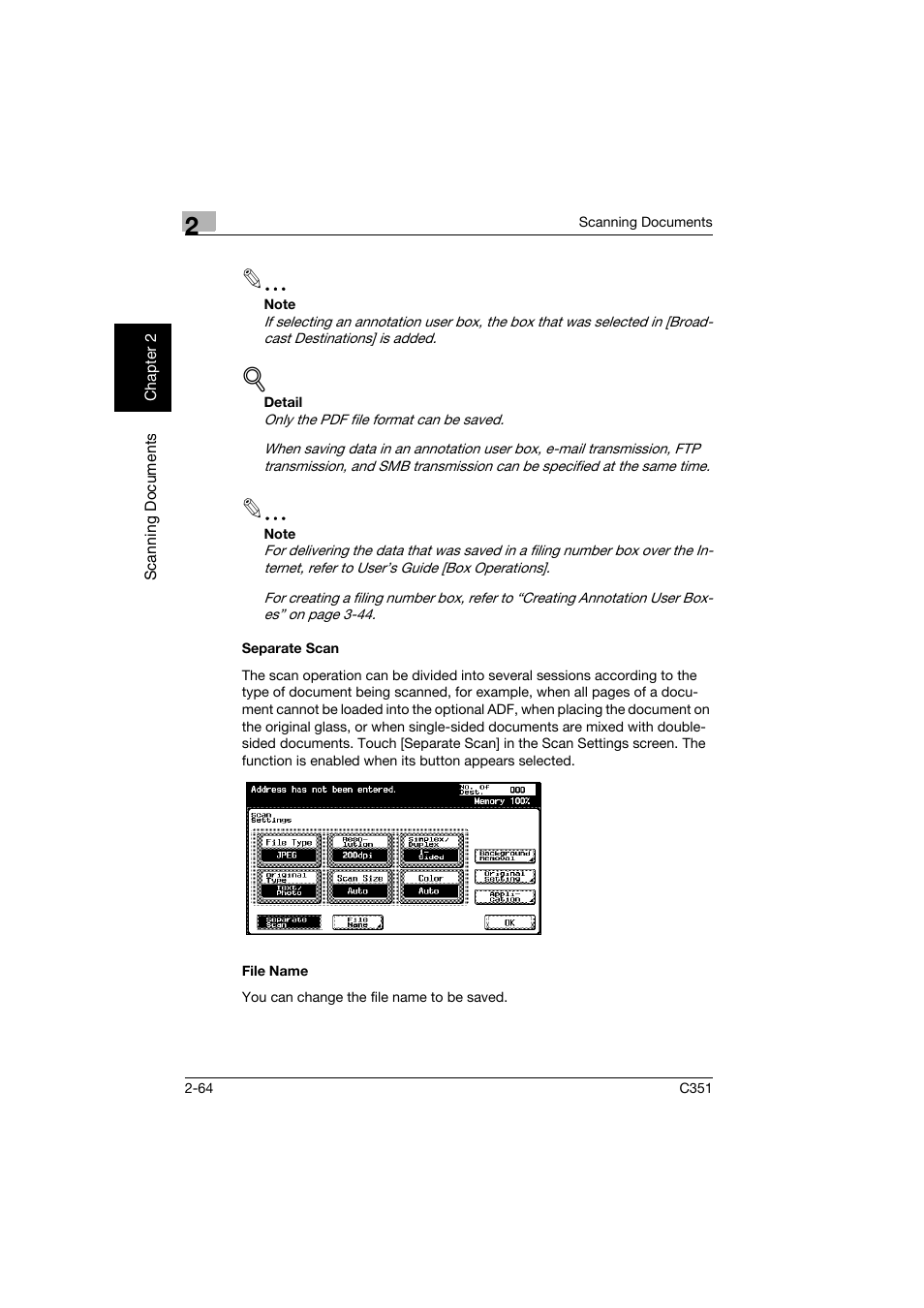 Separate scan, File name, Separate scan -64 file name -64 | Konica Minolta BIZHUB C351 User Manual | Page 97 / 396