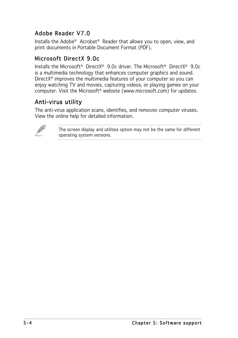 Adobe reader v7.0, Microsoft directx 9.0c, Anti-virus utility | Asus Motherboard M2R32-MVP User Manual | Page 118 / 160