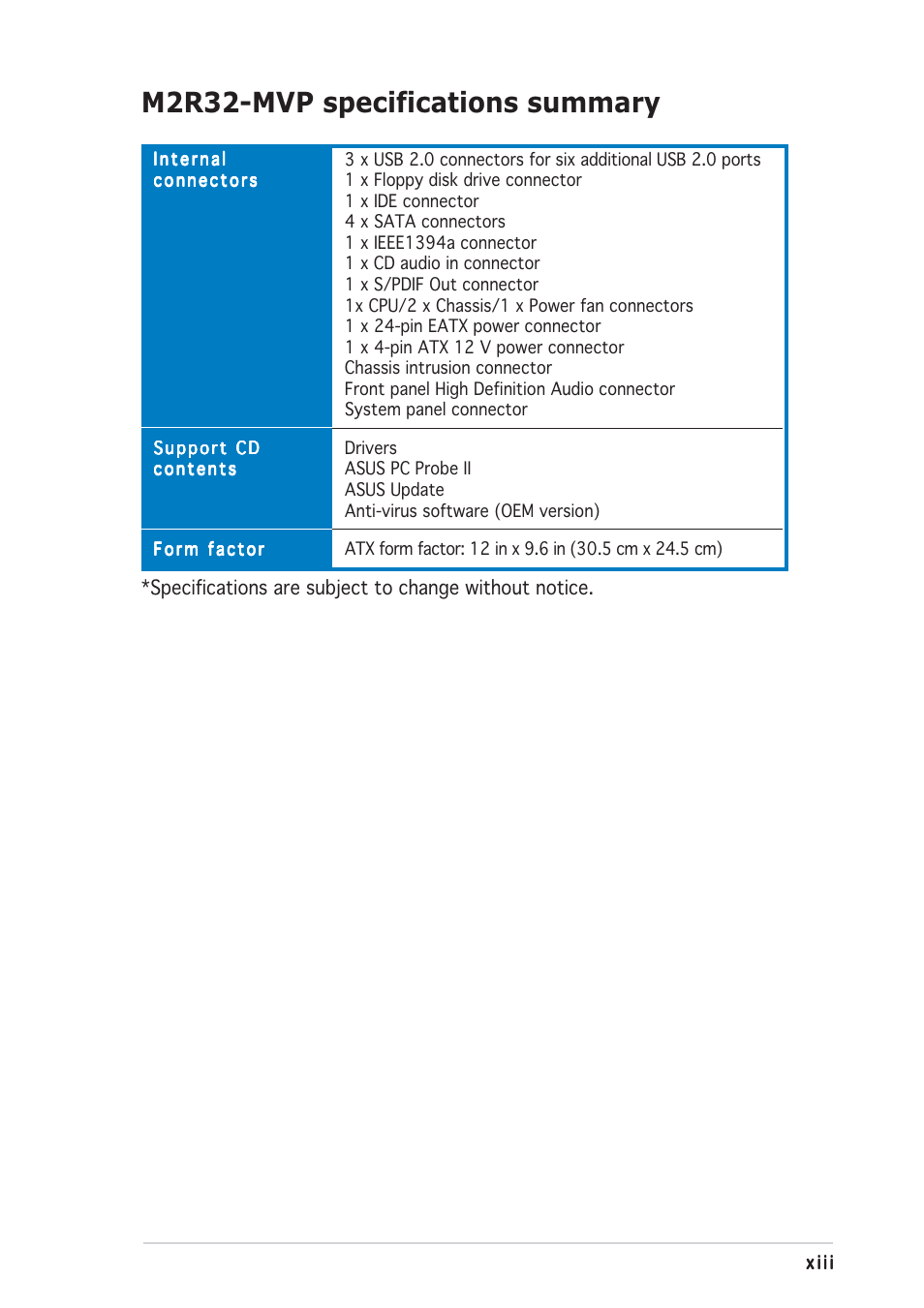 M2r32-mvp specifications summary | Asus Motherboard M2R32-MVP User Manual | Page 13 / 160