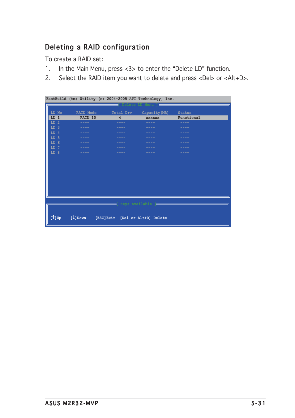 Deleting a raid configuration | Asus Motherboard M2R32-MVP User Manual | Page 145 / 160