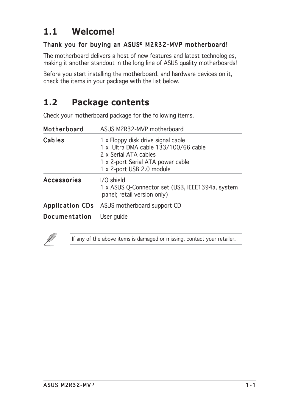 1 welcome, 2 package contents | Asus Motherboard M2R32-MVP User Manual | Page 17 / 160