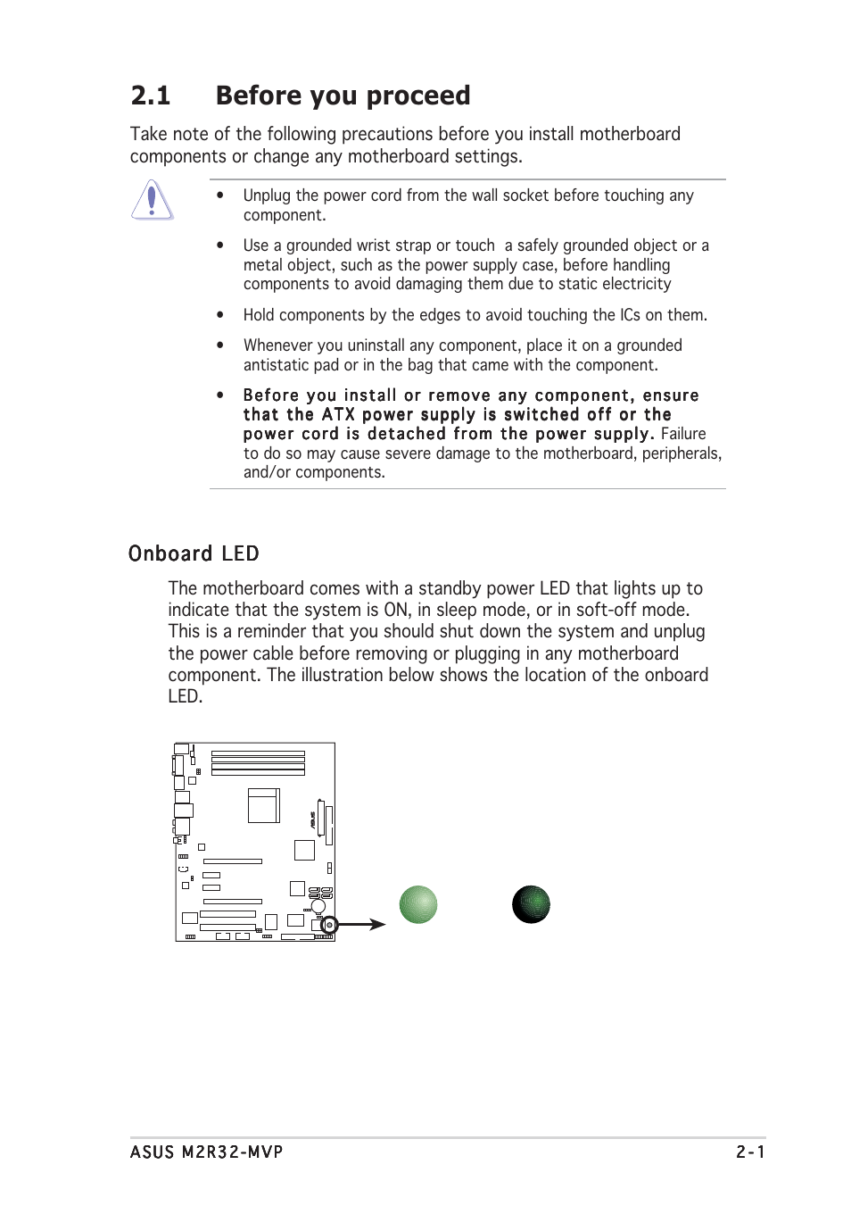 1 before you proceed, Onboard led | Asus Motherboard M2R32-MVP User Manual | Page 25 / 160