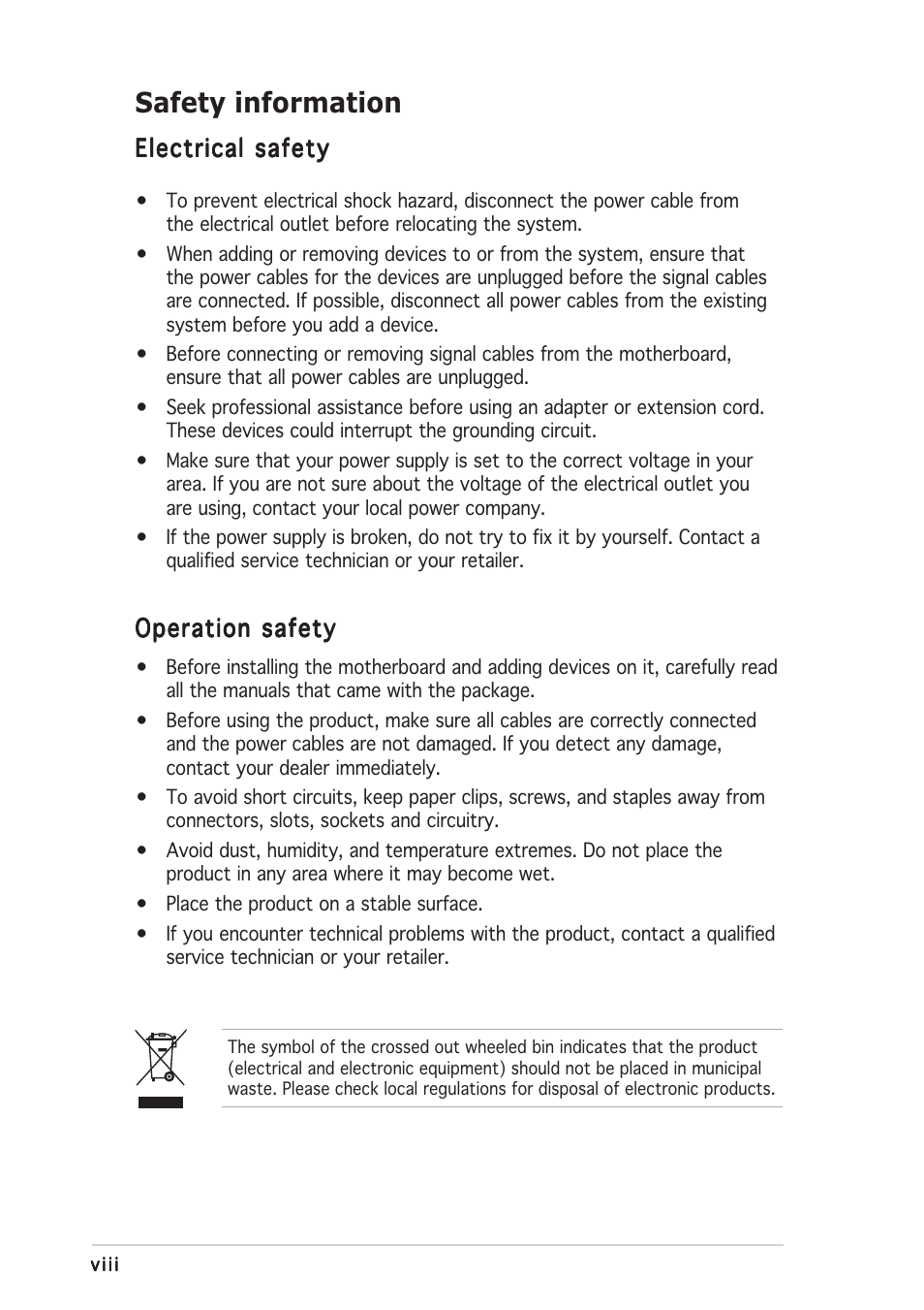Safety information | Asus Motherboard M2R32-MVP User Manual | Page 8 / 160