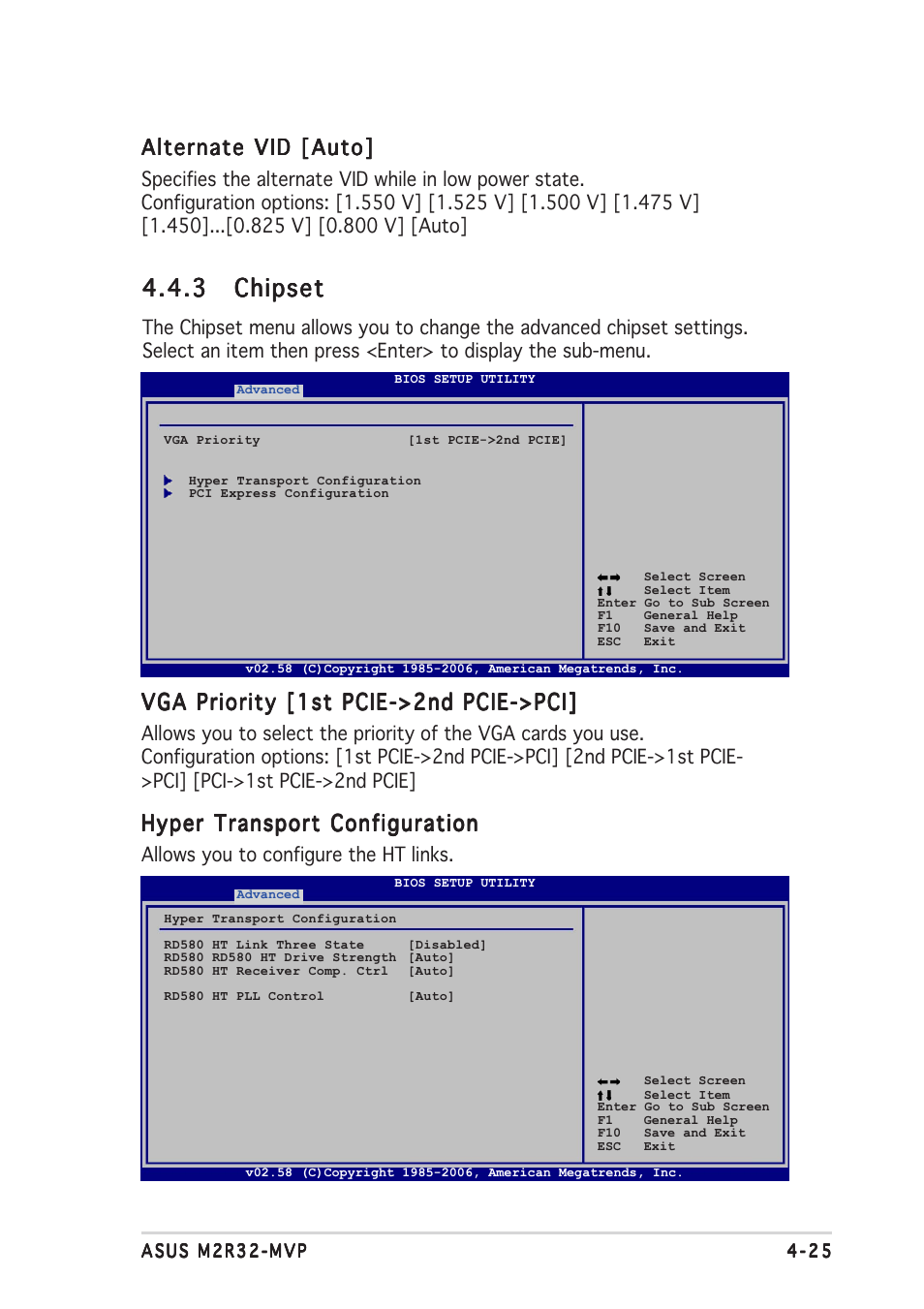 3 chipset chipset chipset chipset chipset, Alternate vid [auto, Vga priority [1st pcie->2nd pcie->pci | Hyper transport configuration | Asus Motherboard M2R32-MVP User Manual | Page 91 / 160