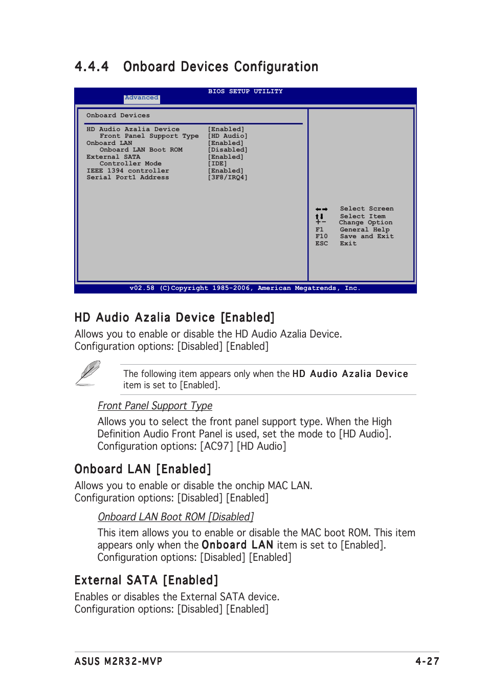 Hd audio azalia device, Onboard lan [enabled, External sata [enabled | Asus Motherboard M2R32-MVP User Manual | Page 93 / 160