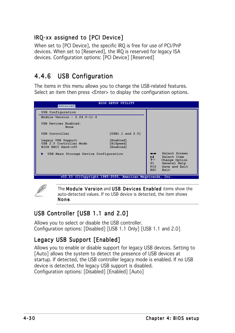 Irq-xx assigned to [pci device, Usb controller [usb 1.1 and 2.0, Legacy usb support [enabled | Asus Motherboard M2R32-MVP User Manual | Page 96 / 160