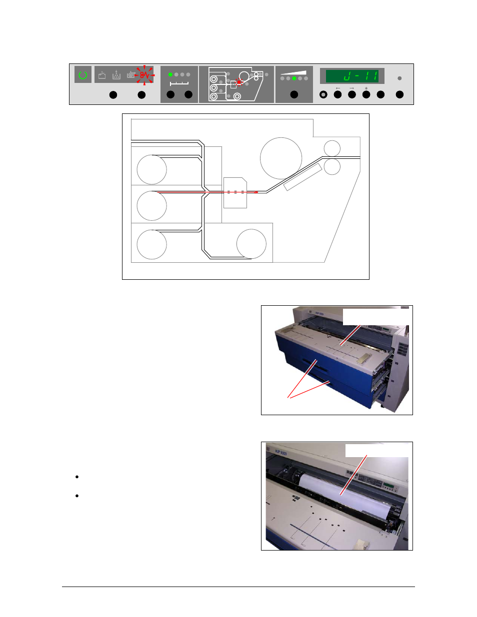 1. 3 mis-feed between cutter and drum (j-11), Chapter 3 error correction & maintenance 3-7, Roll decks 1 & 2 bypass feeder mis-feed media | Konica Minolta KIP 9000 User Manual | Page 108 / 136