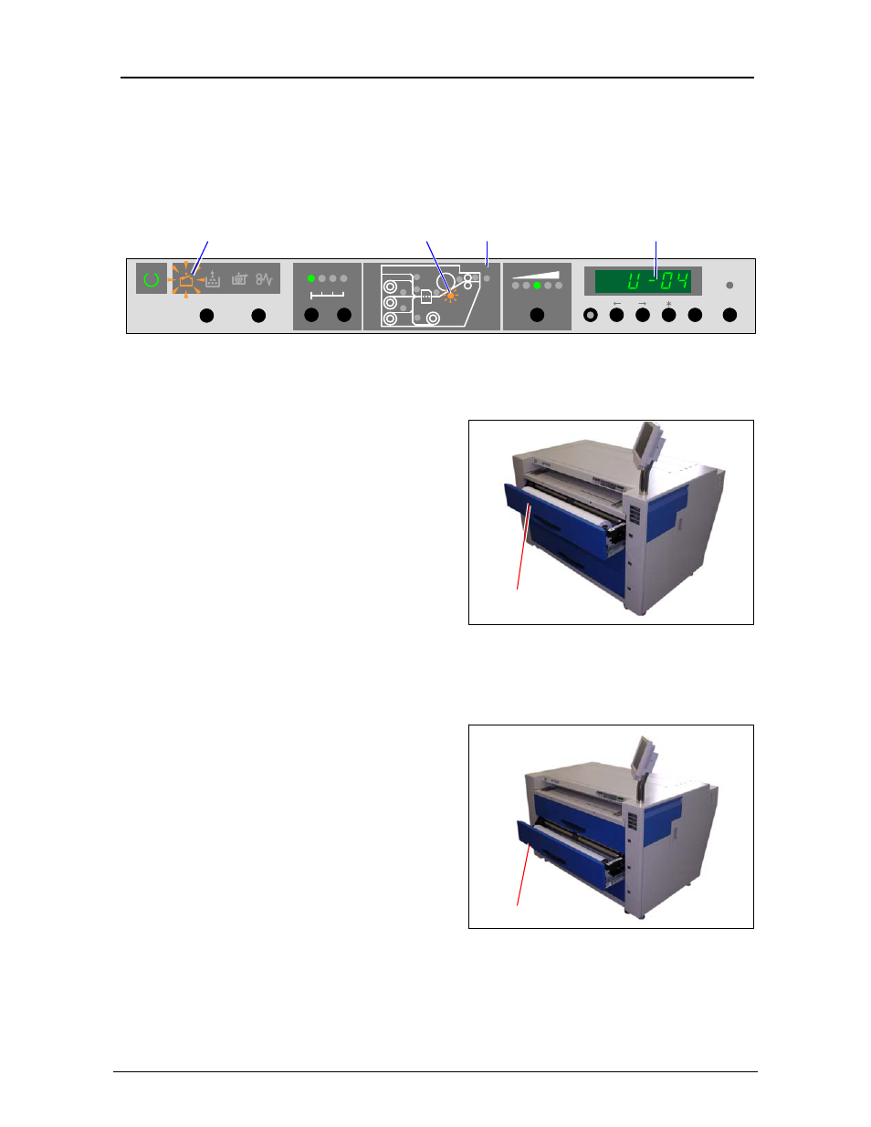 2 open errors, 2. 1 top drawer open (u-01), 2. 2 middle drawer open (u-02) | Chapter 3 error correction & maintenance 3-26, Top drawer is open. close it firmly, Middle drawer is open. close it firmly, Top drawer middle drawer | Konica Minolta KIP 9000 User Manual | Page 127 / 136