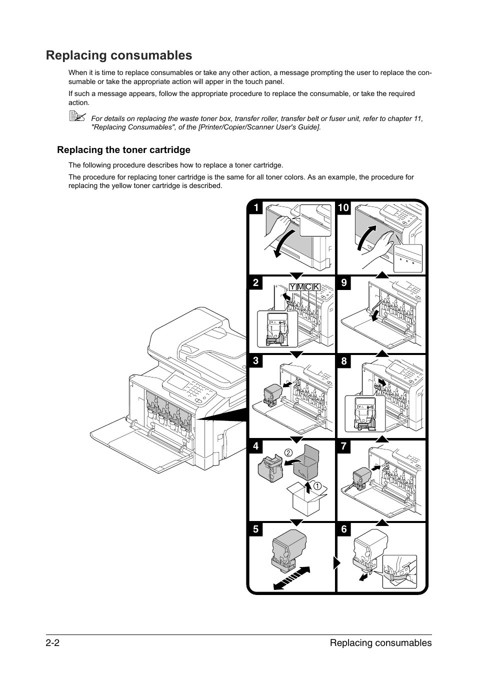 Replacing consumables, Replacing the toner cartridge, Replacing consumables -2 | Replacing the toner cartridge -2 | Konica Minolta bizhub C35 User Manual | Page 12 / 43