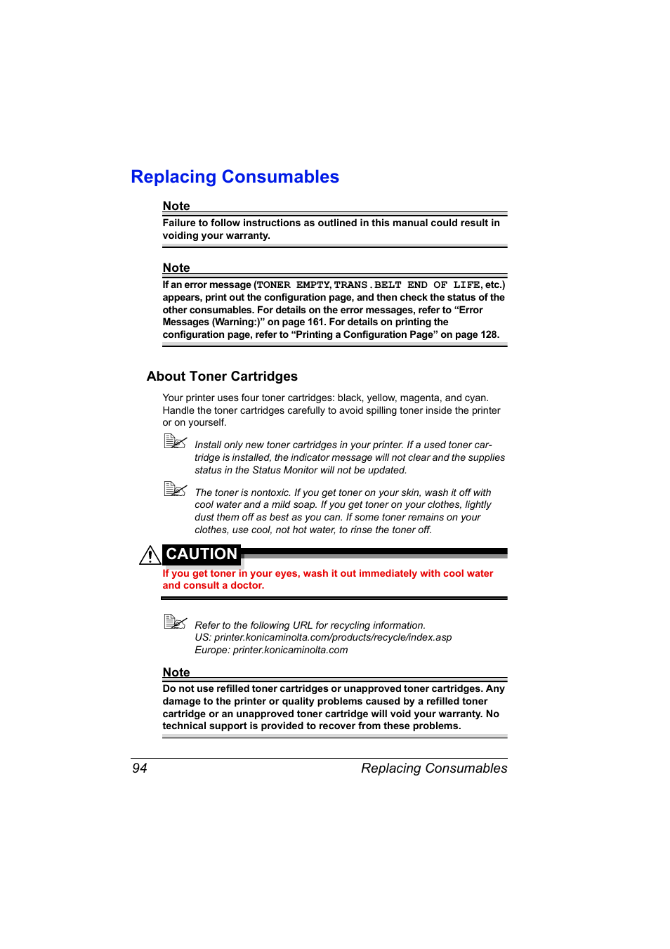 Replacing consumables, About toner cartridges, Replacing consumables 94 | About toner cartridges 94, Caution | Konica Minolta Magicolor 5450 User Manual | Page 108 / 208