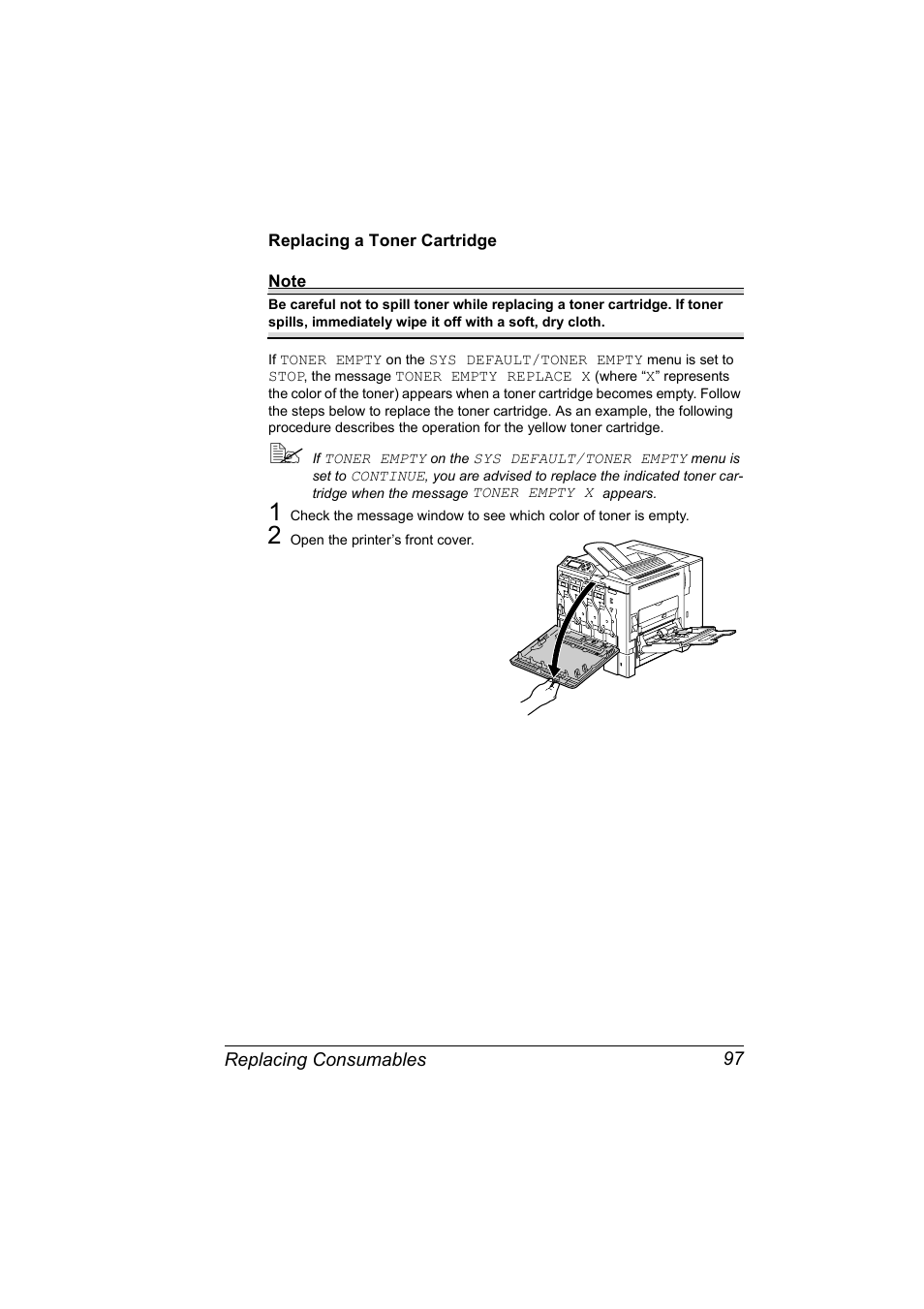 Replacing a toner cartridge, Replacing a toner cartridge 97 | Konica Minolta Magicolor 5450 User Manual | Page 111 / 208