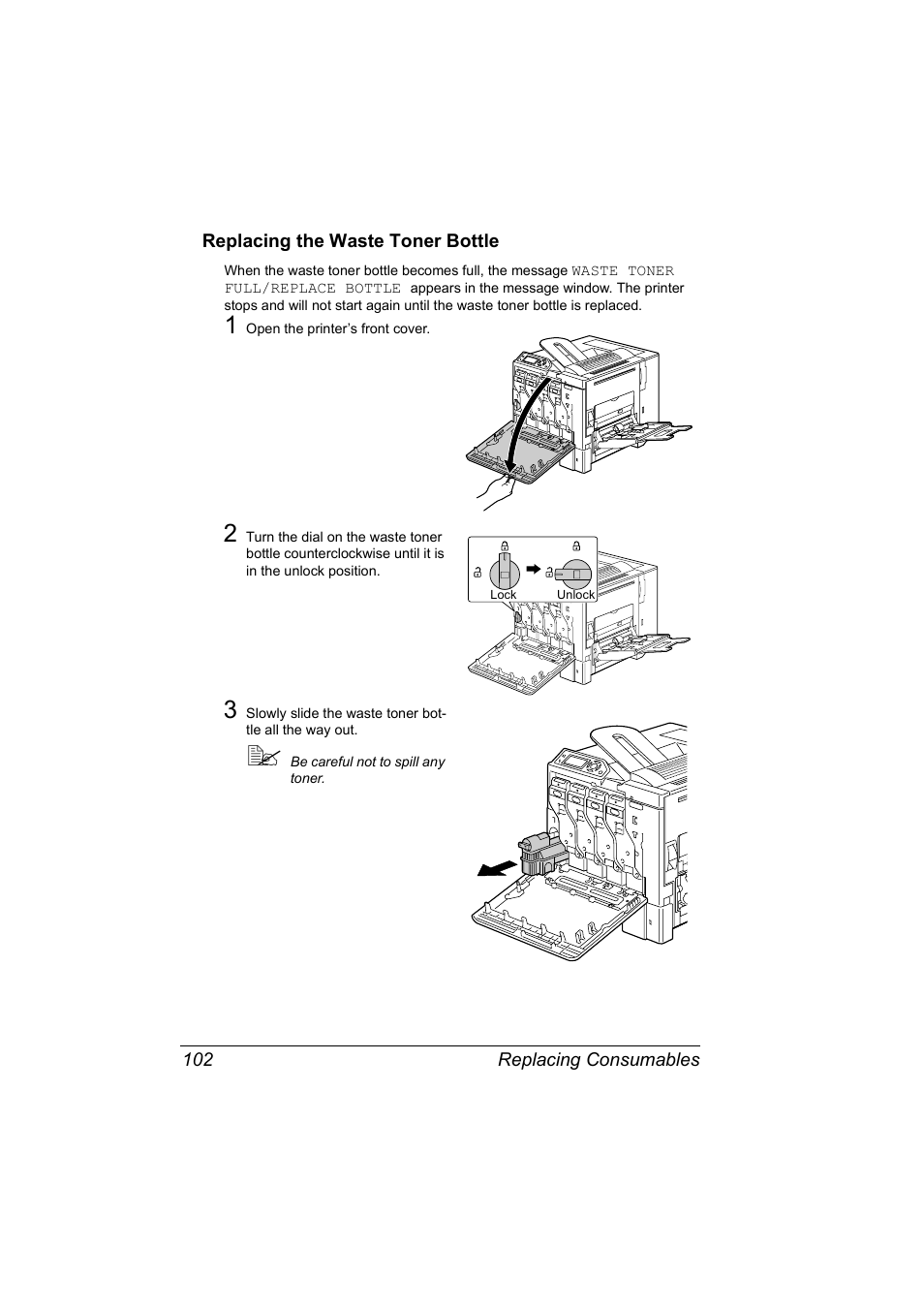 Replacing the waste toner bottle, Replacing the waste toner bottle 102 | Konica Minolta Magicolor 5450 User Manual | Page 116 / 208