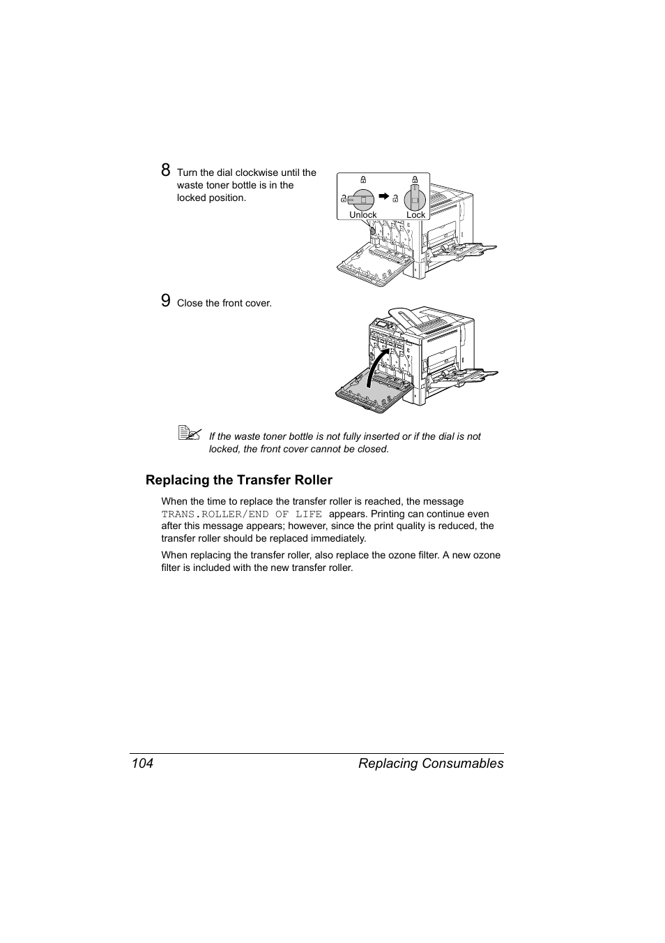 Replacing the transfer roller, Replacing the transfer roller 104 | Konica Minolta Magicolor 5450 User Manual | Page 118 / 208