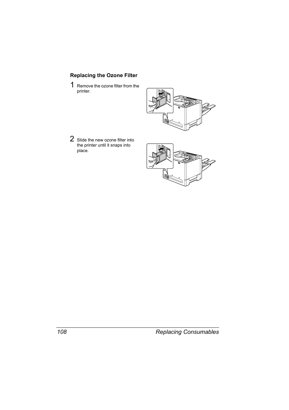 Replacing the ozone filter, Replacing the ozone filter 108 | Konica Minolta Magicolor 5450 User Manual | Page 122 / 208