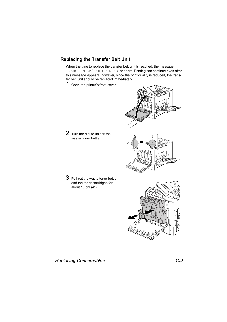 Replacing the transfer belt unit, Replacing the transfer belt unit 109 | Konica Minolta Magicolor 5450 User Manual | Page 123 / 208