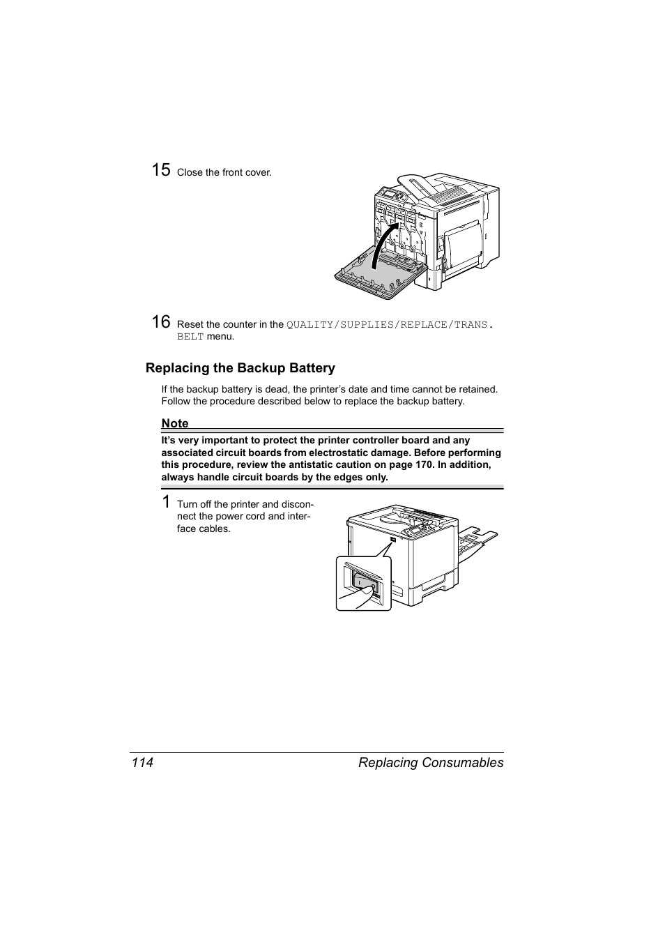 Replacing the backup battery, Replacing the backup battery 114 | Konica Minolta Magicolor 5450 User Manual | Page 128 / 208