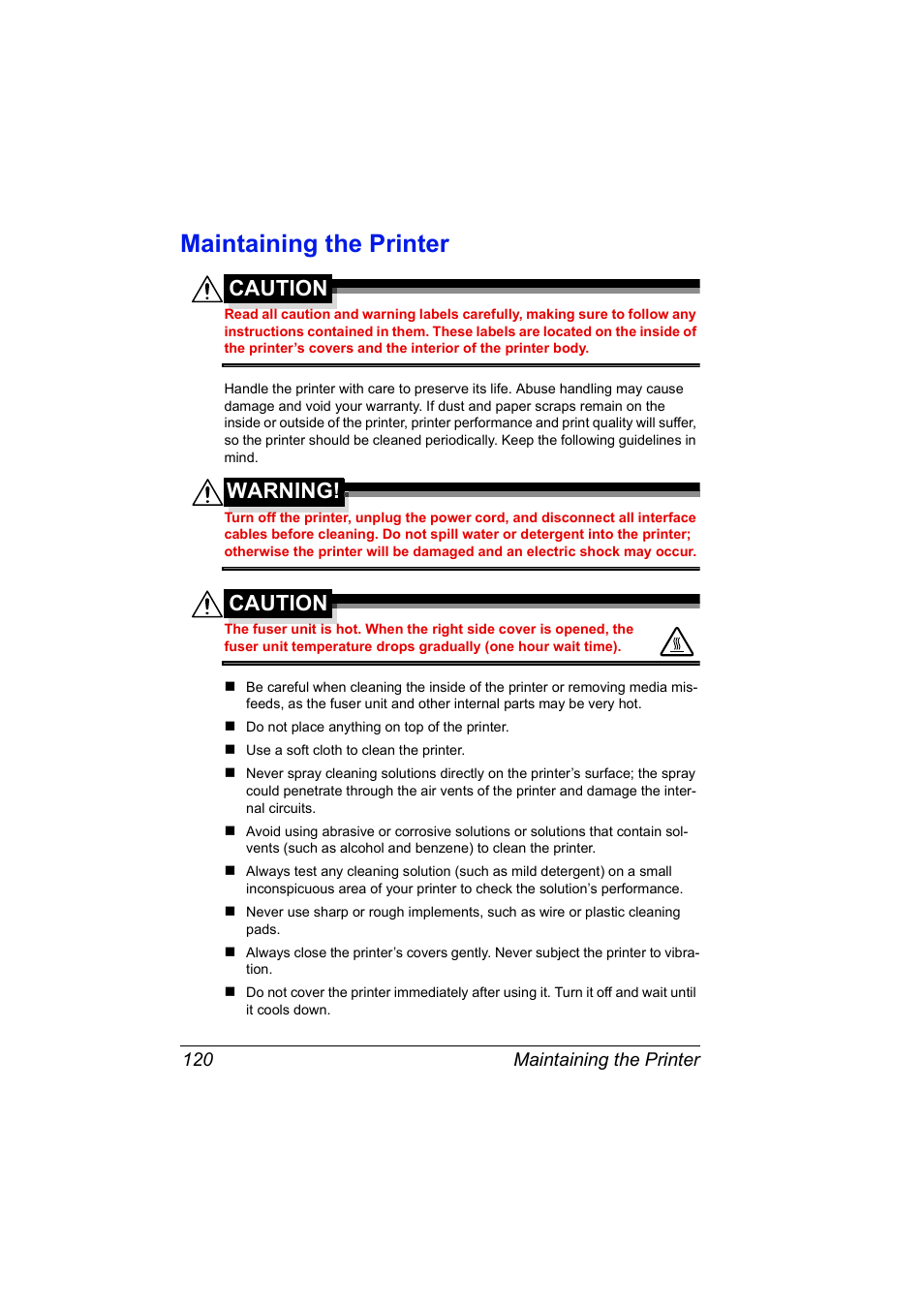 Maintaining the printer, Maintaining the printer 120, Caution | Warning | Konica Minolta Magicolor 5450 User Manual | Page 134 / 208