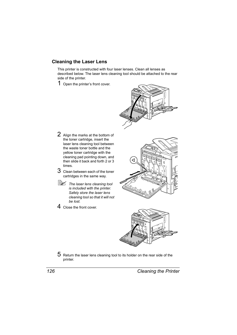 Cleaning the laser lens, Cleaning the laser lens 126 | Konica Minolta Magicolor 5450 User Manual | Page 140 / 208
