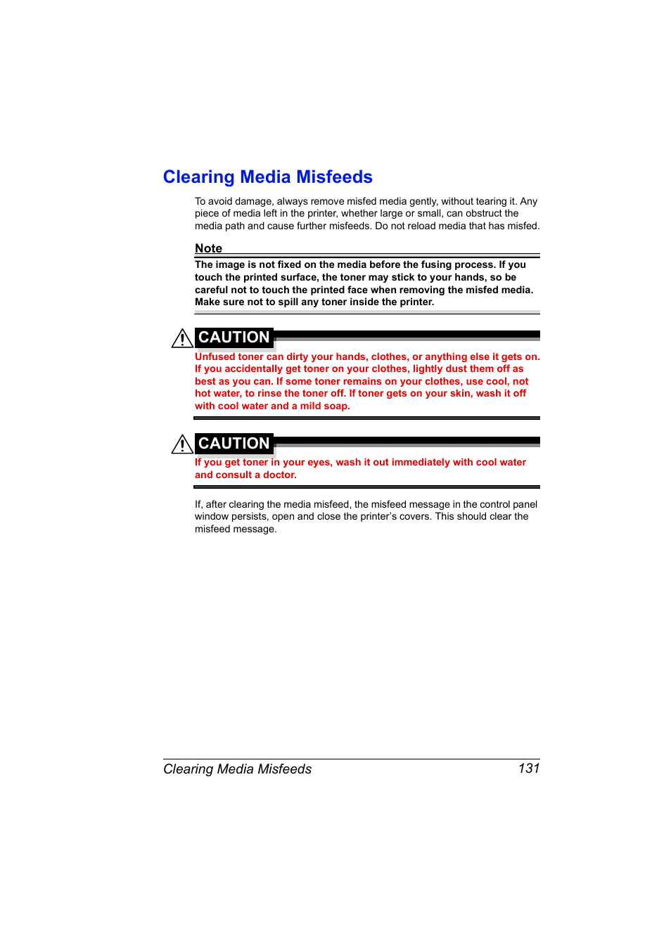 Clearing media misfeeds, Clearing media misfeeds 131, Caution | Konica Minolta Magicolor 5450 User Manual | Page 145 / 208