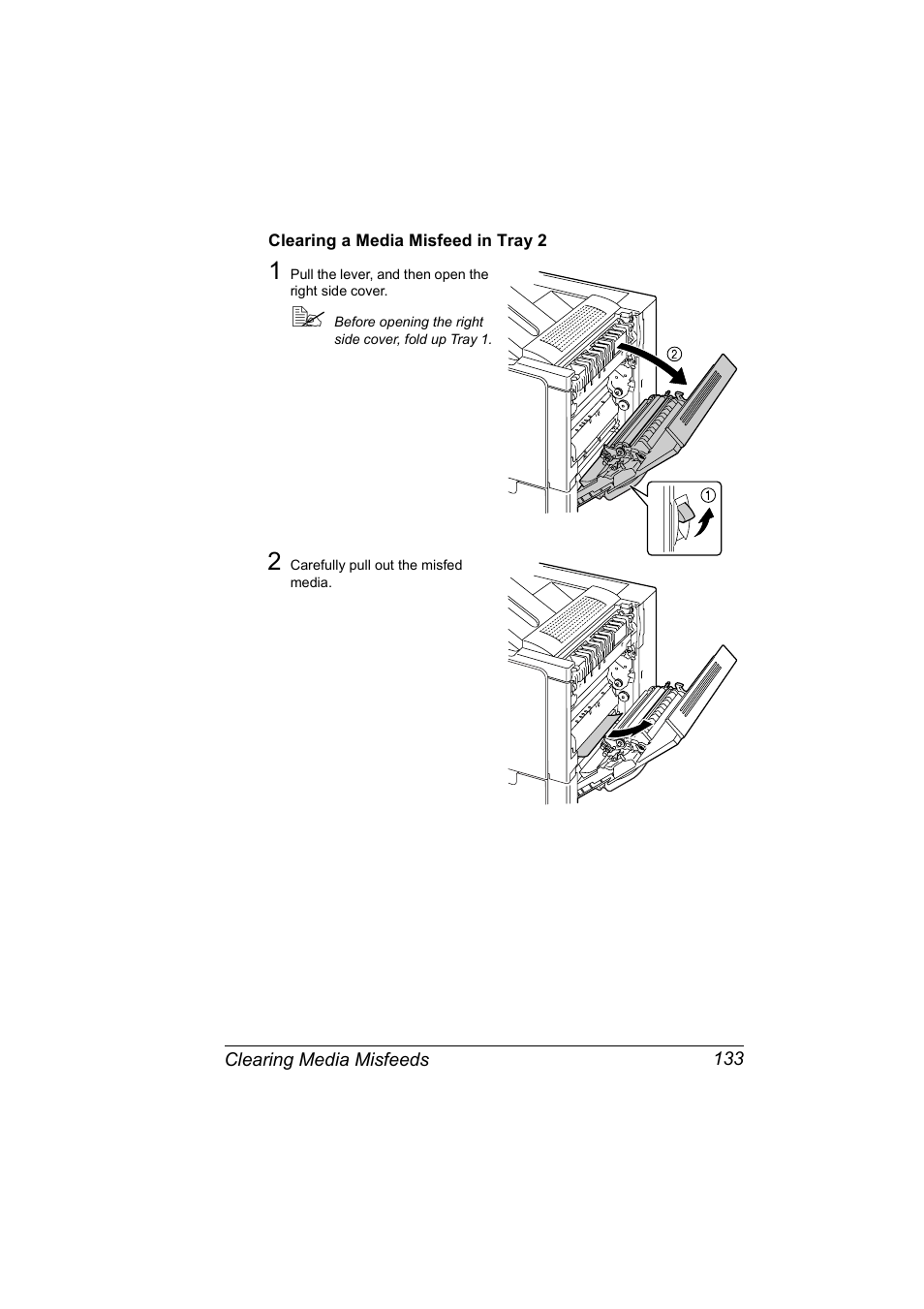 Clearing a media misfeed in tray 2, Clearing a media misfeed in tray 2 133 | Konica Minolta Magicolor 5450 User Manual | Page 147 / 208