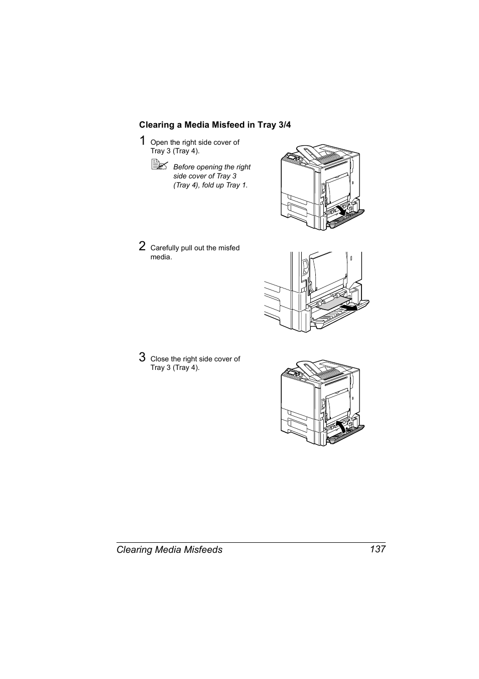 Clearing a media misfeed in tray 3/4, Clearing a media misfeed in tray 3/4 137 | Konica Minolta Magicolor 5450 User Manual | Page 151 / 208