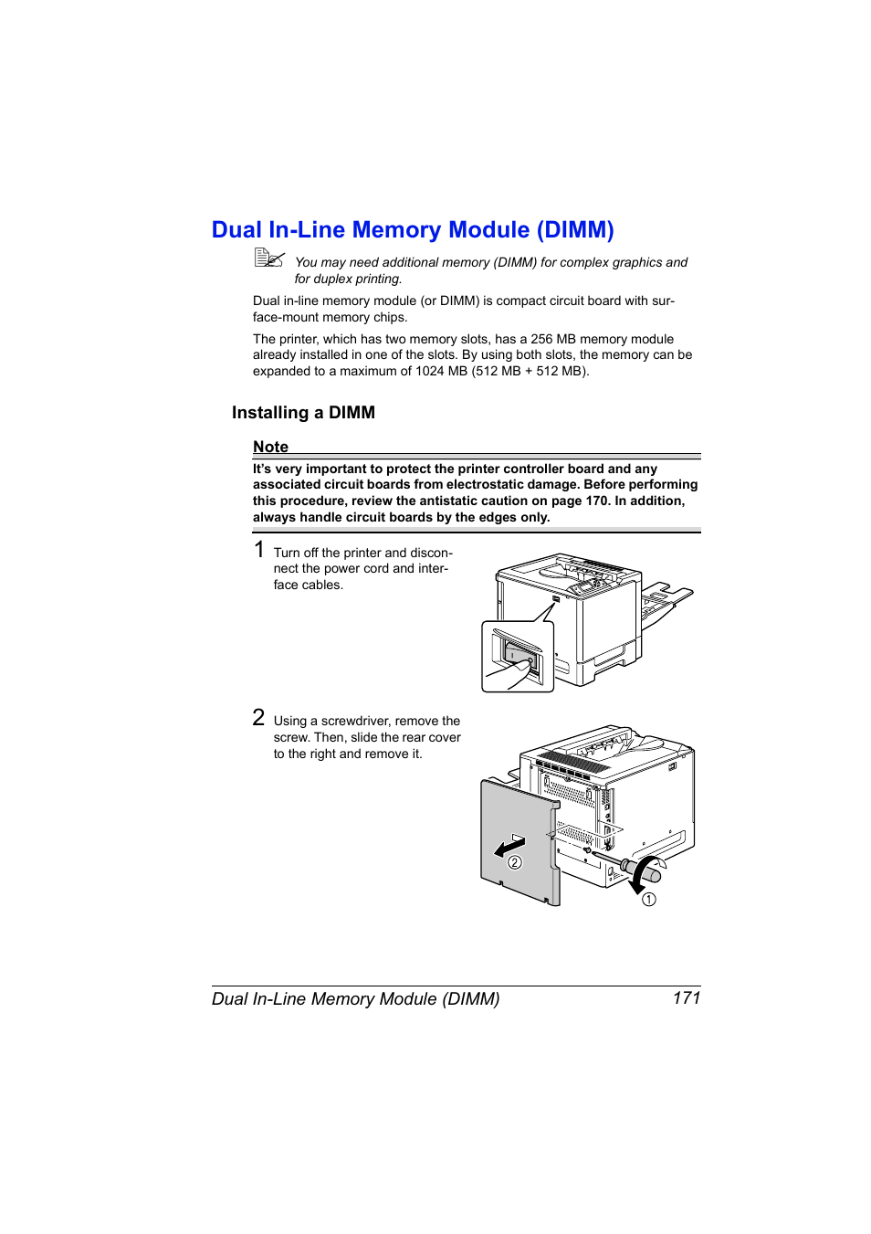Dual in-line memory module (dimm), Installing a dimm, Dual in-line memory module (dimm) 171 | Installing a dimm 171 | Konica Minolta Magicolor 5450 User Manual | Page 185 / 208