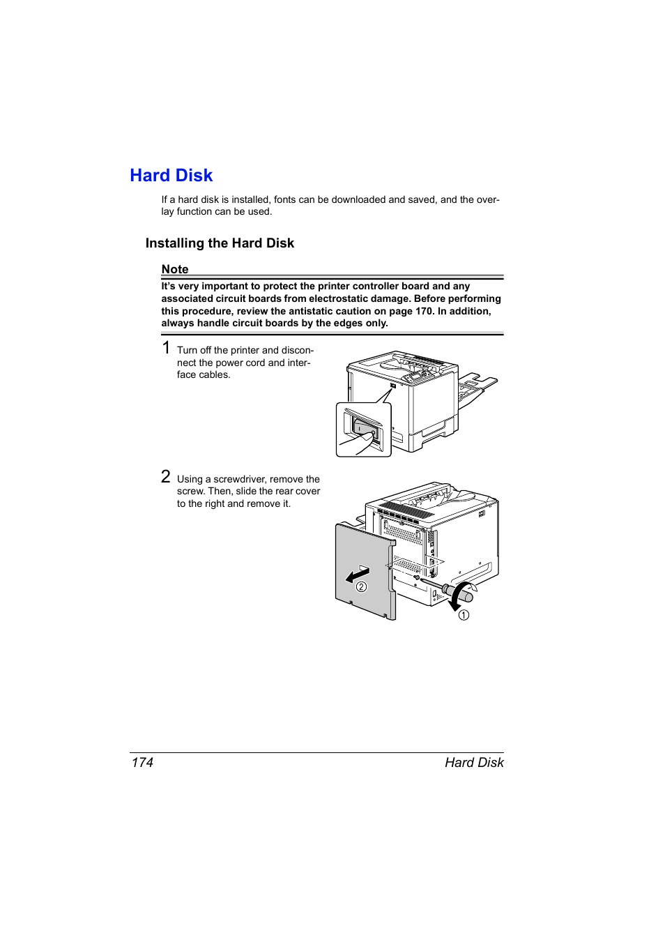 Hard disk, Installing the hard disk, Hard disk 174 | Installing the hard disk 174 | Konica Minolta Magicolor 5450 User Manual | Page 188 / 208