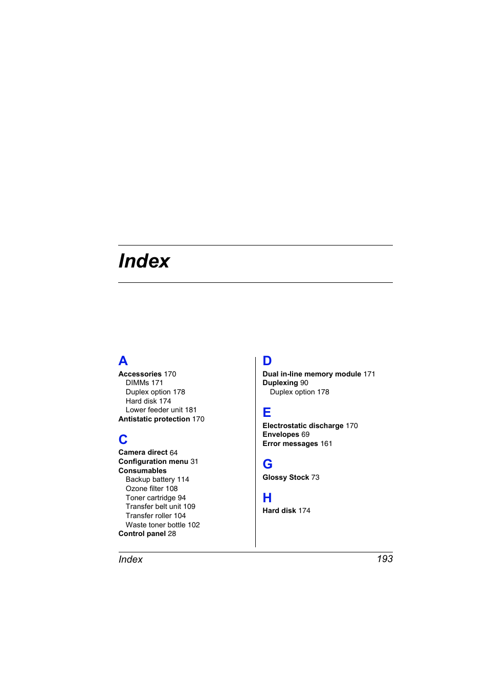 Index, A to h | Konica Minolta Magicolor 5450 User Manual | Page 207 / 208