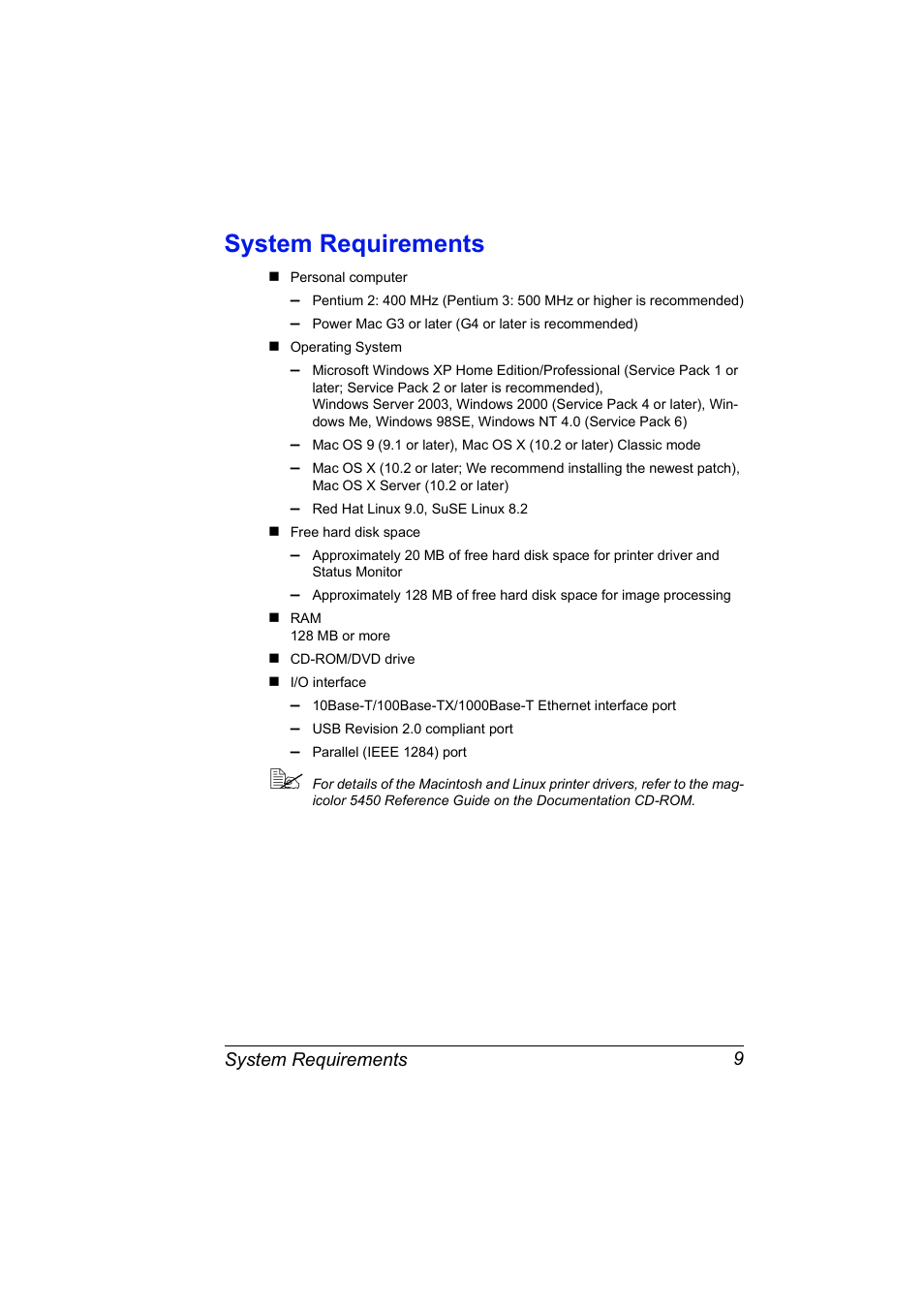 System requirements, System requirements 9 | Konica Minolta Magicolor 5450 User Manual | Page 23 / 208