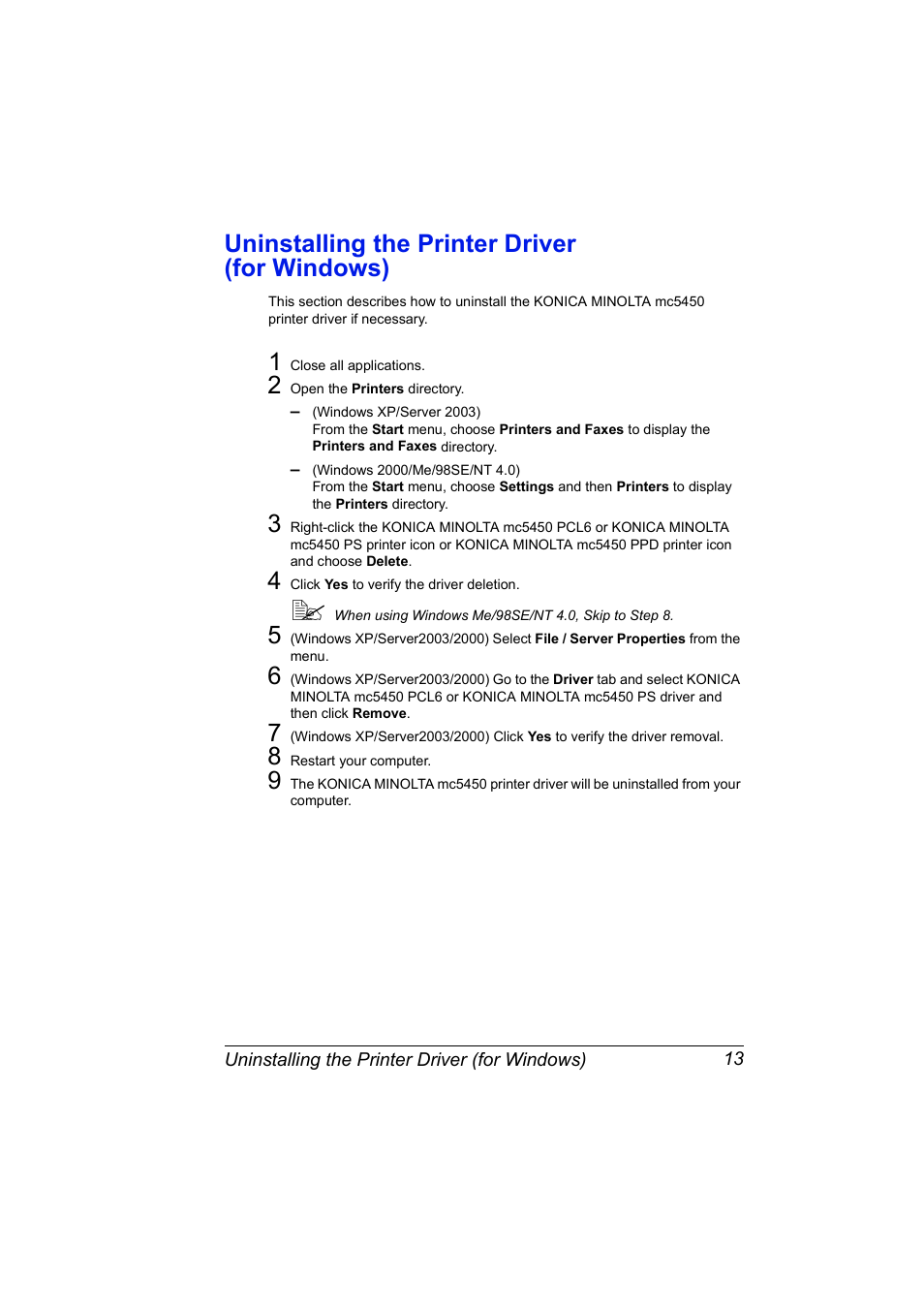 Uninstalling the printer driver (for windows), Uninstalling the printer driver (for windows) 13 | Konica Minolta Magicolor 5450 User Manual | Page 27 / 208