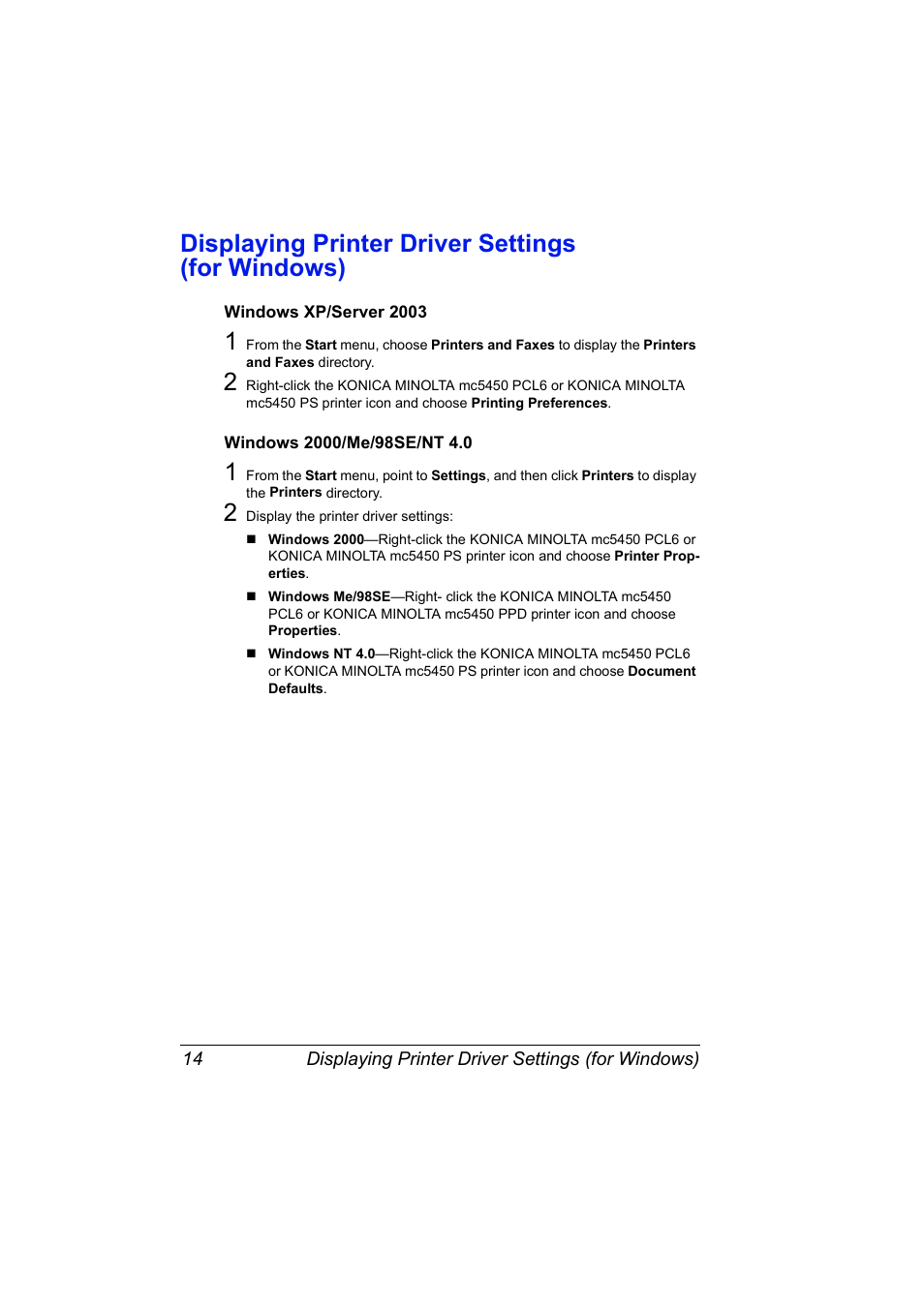 Displaying printer driver settings (for windows), Windows xp/server 2003, Windows 2000/me/98se/nt 4.0 | Konica Minolta Magicolor 5450 User Manual | Page 28 / 208