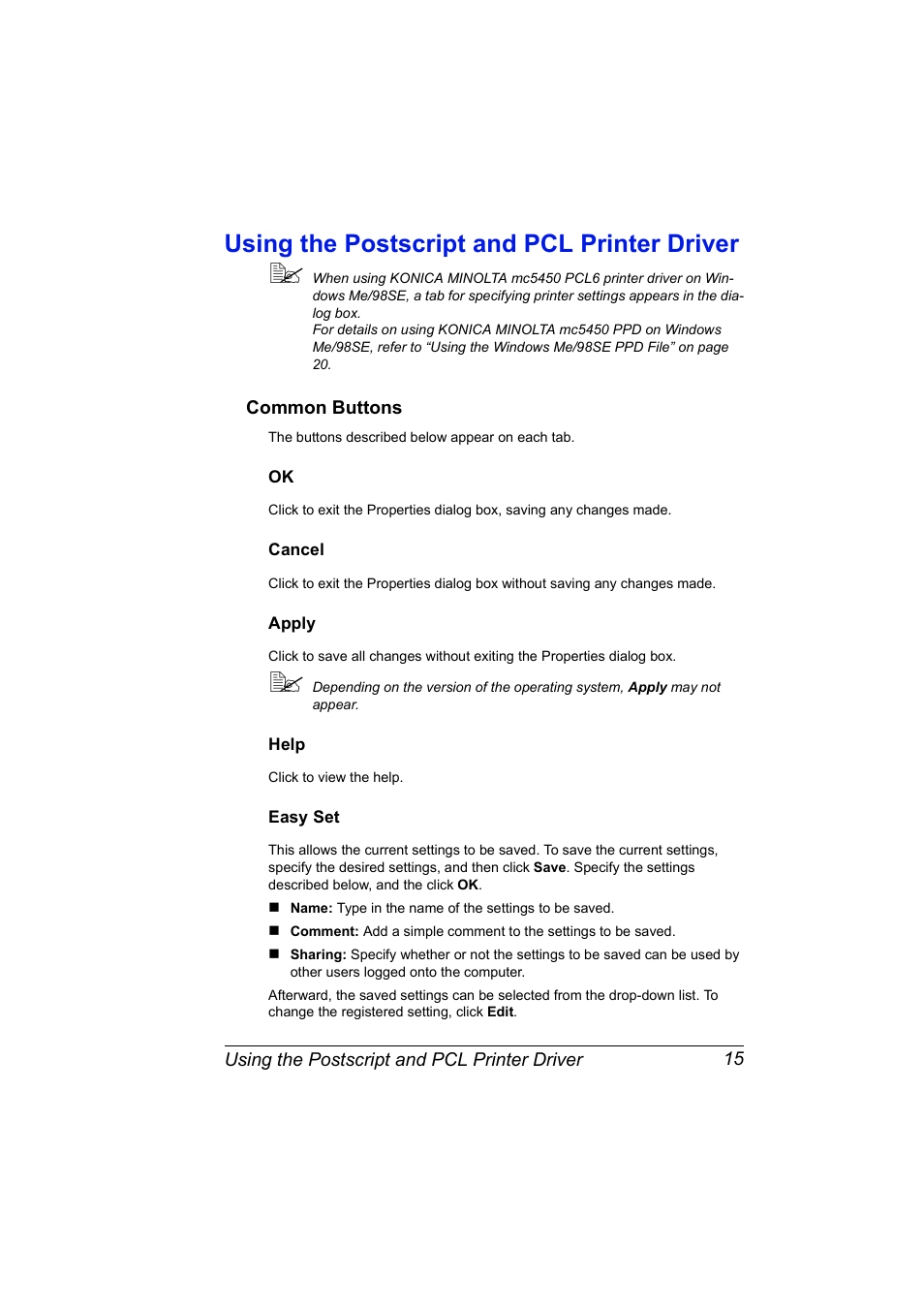Using the postscript and pcl printer driver, Common buttons, Cancel | Apply, Help, Easy set, Using the postscript and pcl printer driver 15, Common buttons 15, Ok 15 cancel 15 apply 15 help 15 easy set 15 | Konica Minolta Magicolor 5450 User Manual | Page 29 / 208