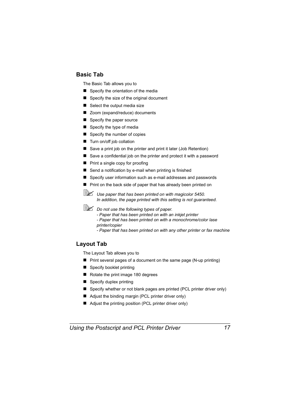 Basic tab, Layout tab, Basic tab 17 layout tab 17 | Konica Minolta Magicolor 5450 User Manual | Page 31 / 208