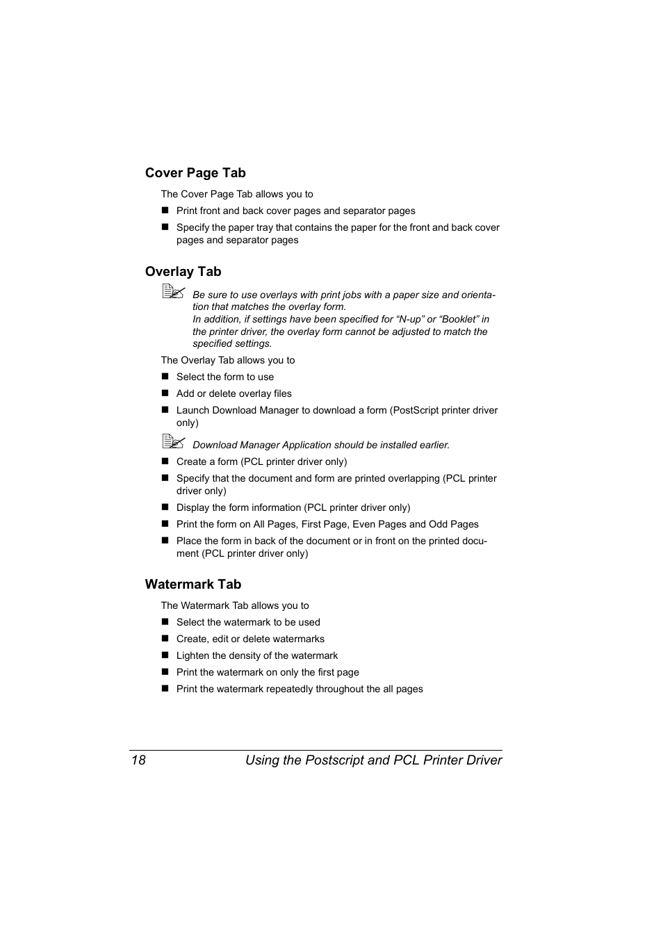 Overlay tab, Watermark tab | Konica Minolta Magicolor 5450 User Manual | Page 32 / 208