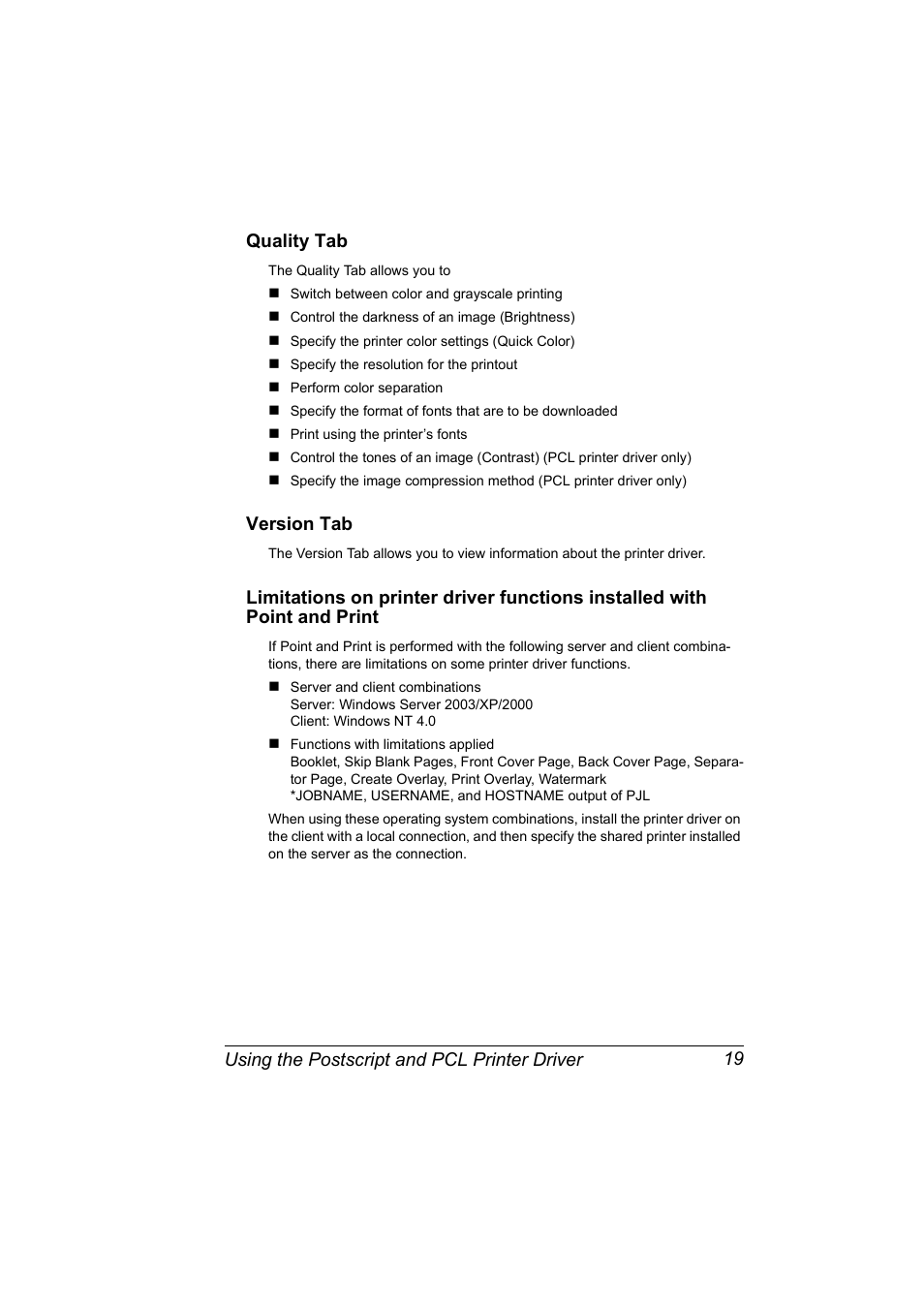 Quality tab, Version tab | Konica Minolta Magicolor 5450 User Manual | Page 33 / 208