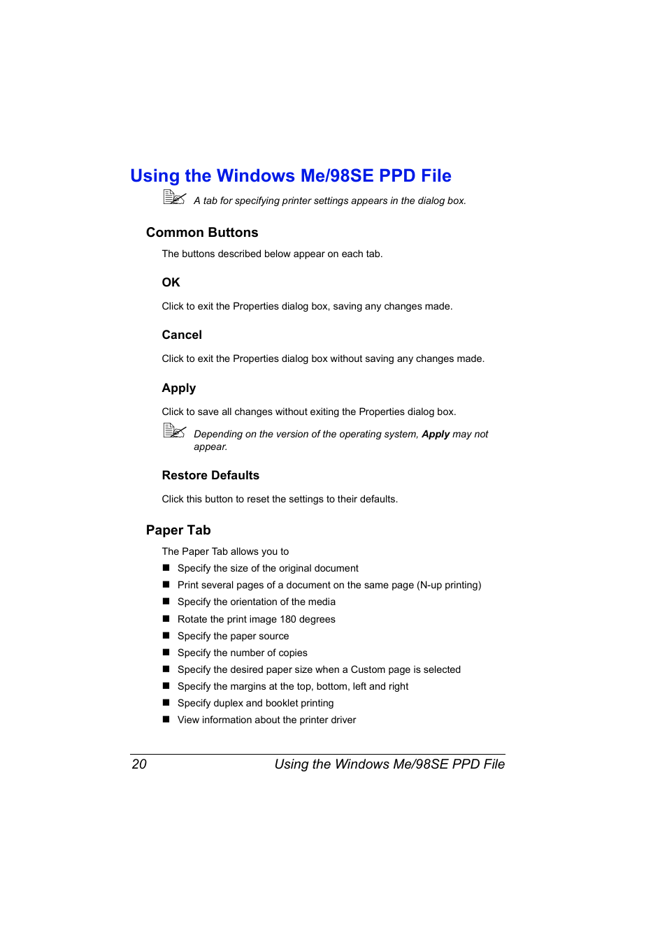 Using the windows me/98se ppd file, Common buttons, Cancel | Apply, Restore defaults, Paper tab, Using the windows me/98se ppd file 20, Common buttons 20, Ok 20 cancel 20 apply 20 restore defaults 20, Paper tab 20 | Konica Minolta Magicolor 5450 User Manual | Page 34 / 208