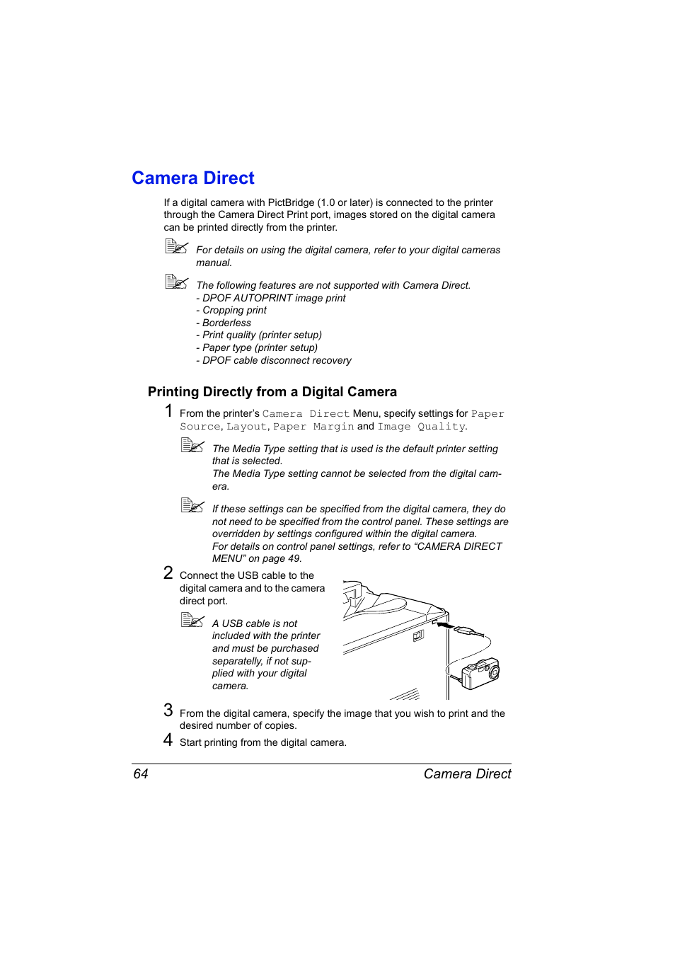 Camera direct, Printing directly from a digital camera, Camera direct 64 | Printing directly from a digital camera 64 | Konica Minolta Magicolor 5450 User Manual | Page 78 / 208