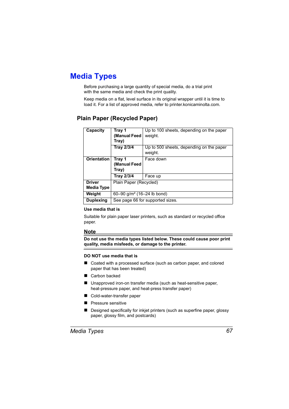 Media types, Plain paper (recycled paper), Media types 67 | Plain paper (recycled paper) 67 | Konica Minolta Magicolor 5450 User Manual | Page 81 / 208