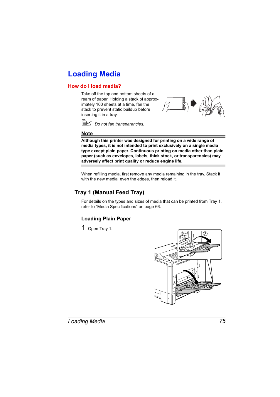 Loading media, Tray 1 (manual feed tray), Loading plain paper | Loading media 75, Tray 1 (manual feed tray) 75, Loading plain paper 75 | Konica Minolta Magicolor 5450 User Manual | Page 89 / 208