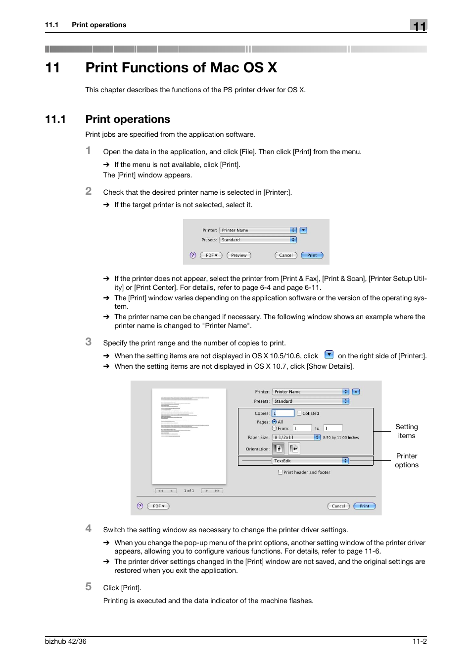 11 print functions of mac os x, 1 print operations, Print functions of mac os x | Print operations -2 | Konica Minolta bizhub 36 User Manual | Page 110 / 198