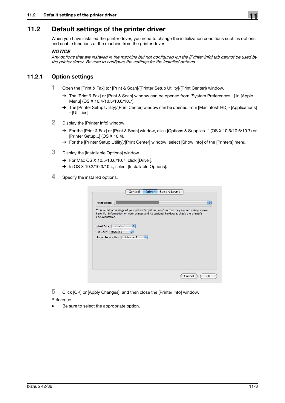 2 default settings of the printer driver, 1 option settings, Default settings of the printer driver -3 | Option settings -3 | Konica Minolta bizhub 36 User Manual | Page 111 / 198